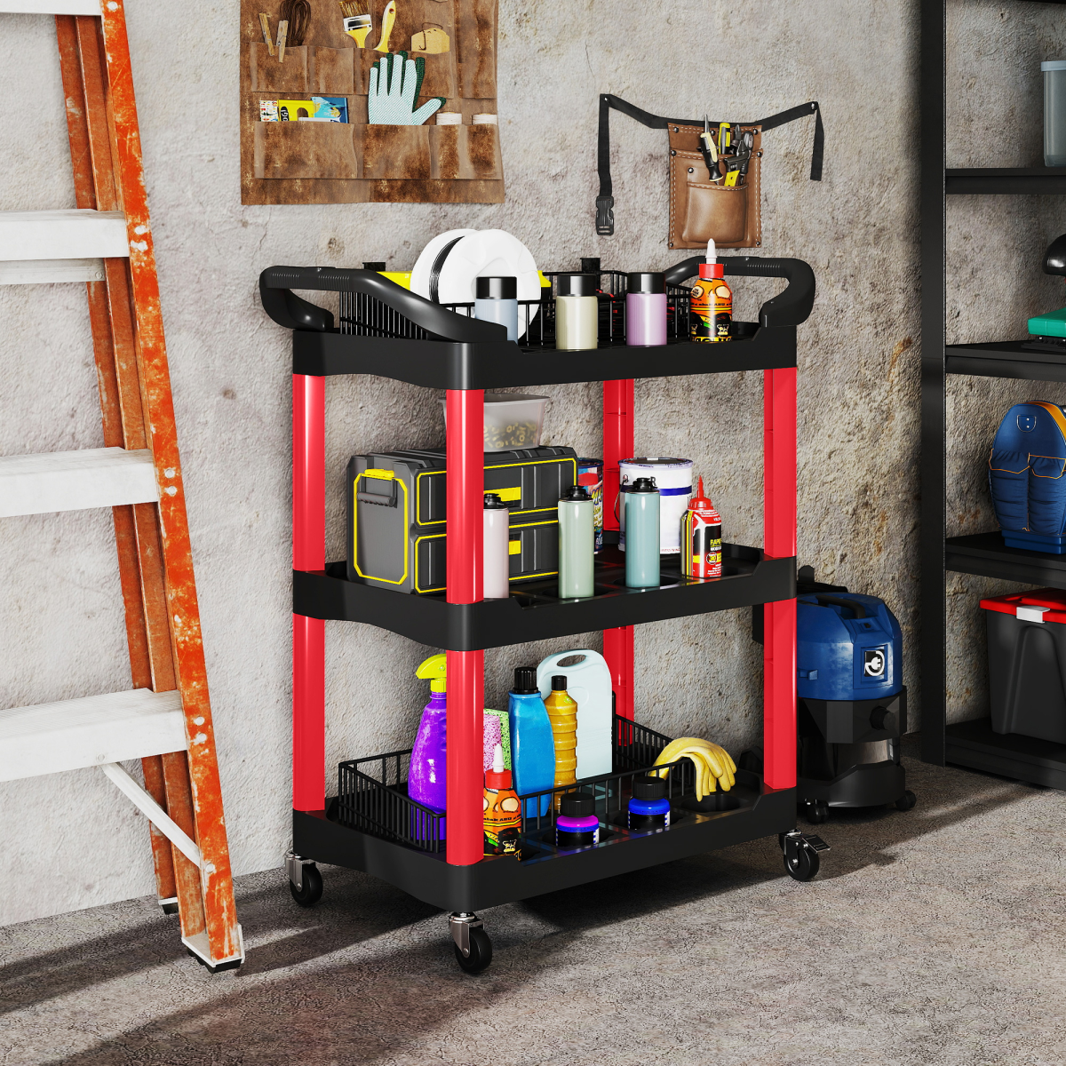 HOMCOM 3-Tier Rolling Tool Cart with Wheels and Side Handles – Garage & Workshop Storage Trolley, Black