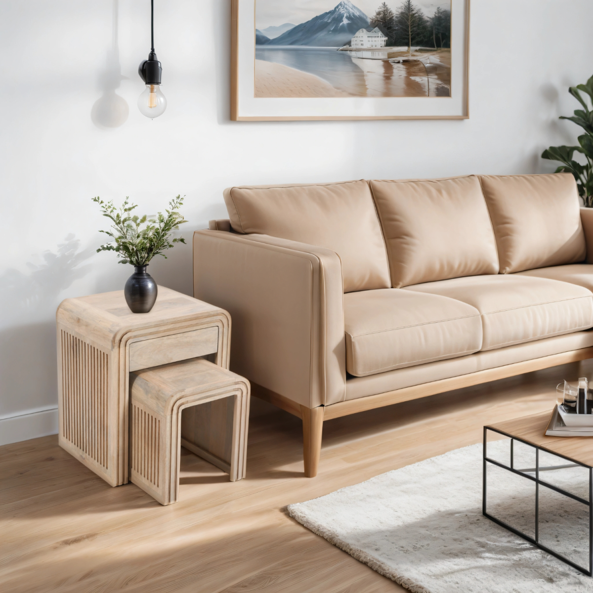 Hudson Carved Mango Wood Nest of 2 Tables with Drawer – Hand-Crafted Space-Saving Side Tables