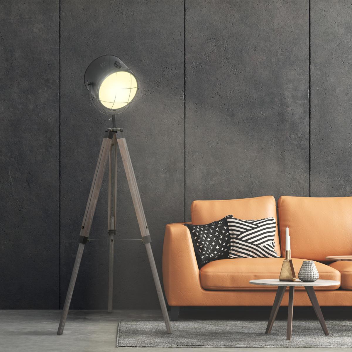 HOMCOM Pine Wood Tripod Floor Lamp with Spotlight Shade, Height Adjustable – Industrial Style, Brown