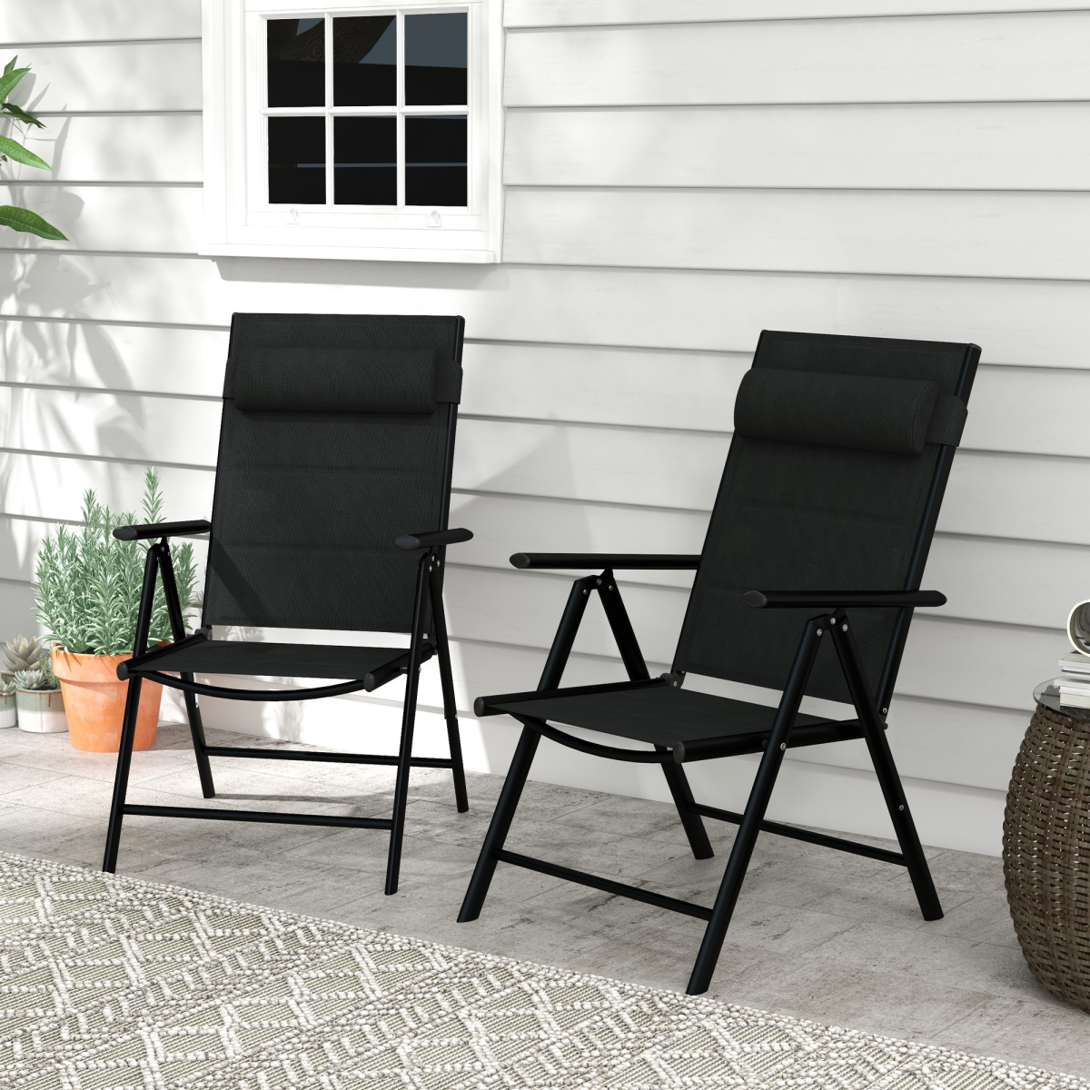Outsunny Set of 2 Folding Outdoor Dining Chairs with Padded Headrest – Mesh, Aluminium Frame, Black