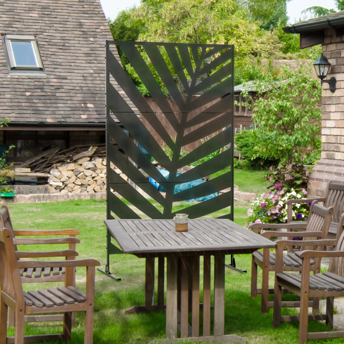 Outsunny 6.5FT Metal Outdoor Privacy Screen Panel with Stand & Ground Stakes – Banana Leaf Cut-Out Design