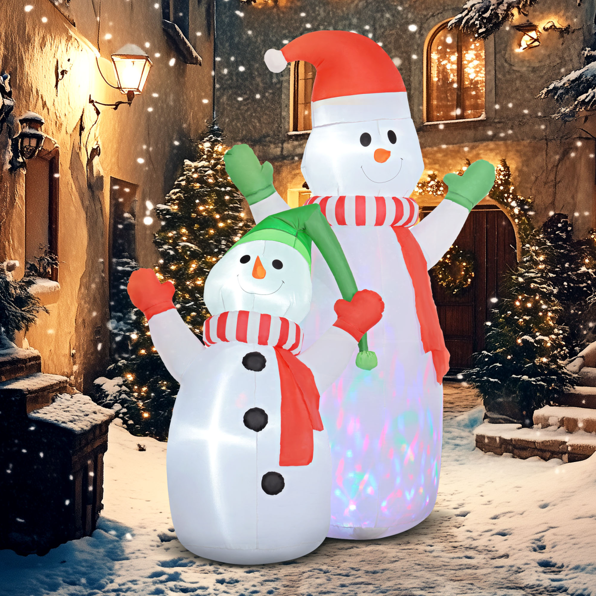 Outsunny 8ft Inflatable Christmas Snowman Family with Rotating LED Lights – Garden & Porch Decoration