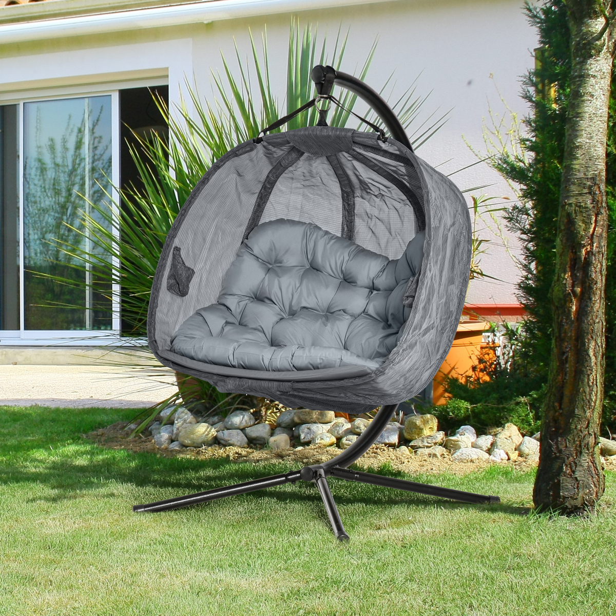 Outsunny Double Hanging Egg Chair with Stand, 2-Seater Swing Hammock & Cushion – Garden Patio Lounger, Grey
