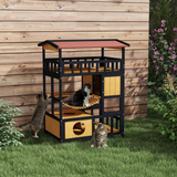 PawHut Outdoor Wooden Cat House with Suspension Bridge, Two Lounges and Sun Decks – Weather-Resistant Shelter, Yellow, Black and Red