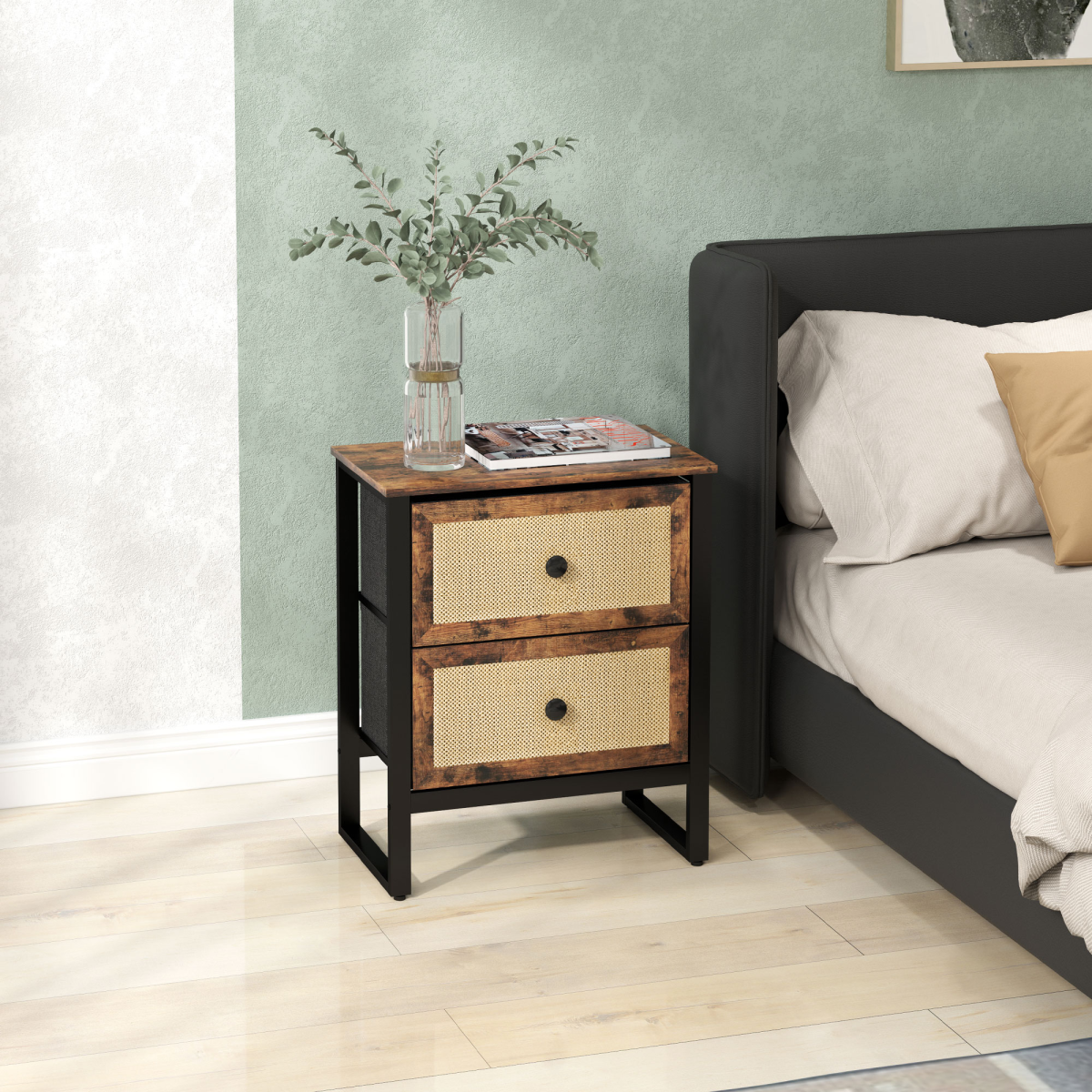 HOMCOM Bedside Table with 2 Rattan Drawers, Steel Legs and Adjustable Feet – Bedroom Storage, Rustic Brown