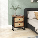 HOMCOM Bedside Table with 2 Rattan Drawers, Steel Legs and Adjustable Feet – Bedroom Storage, Rustic Brown