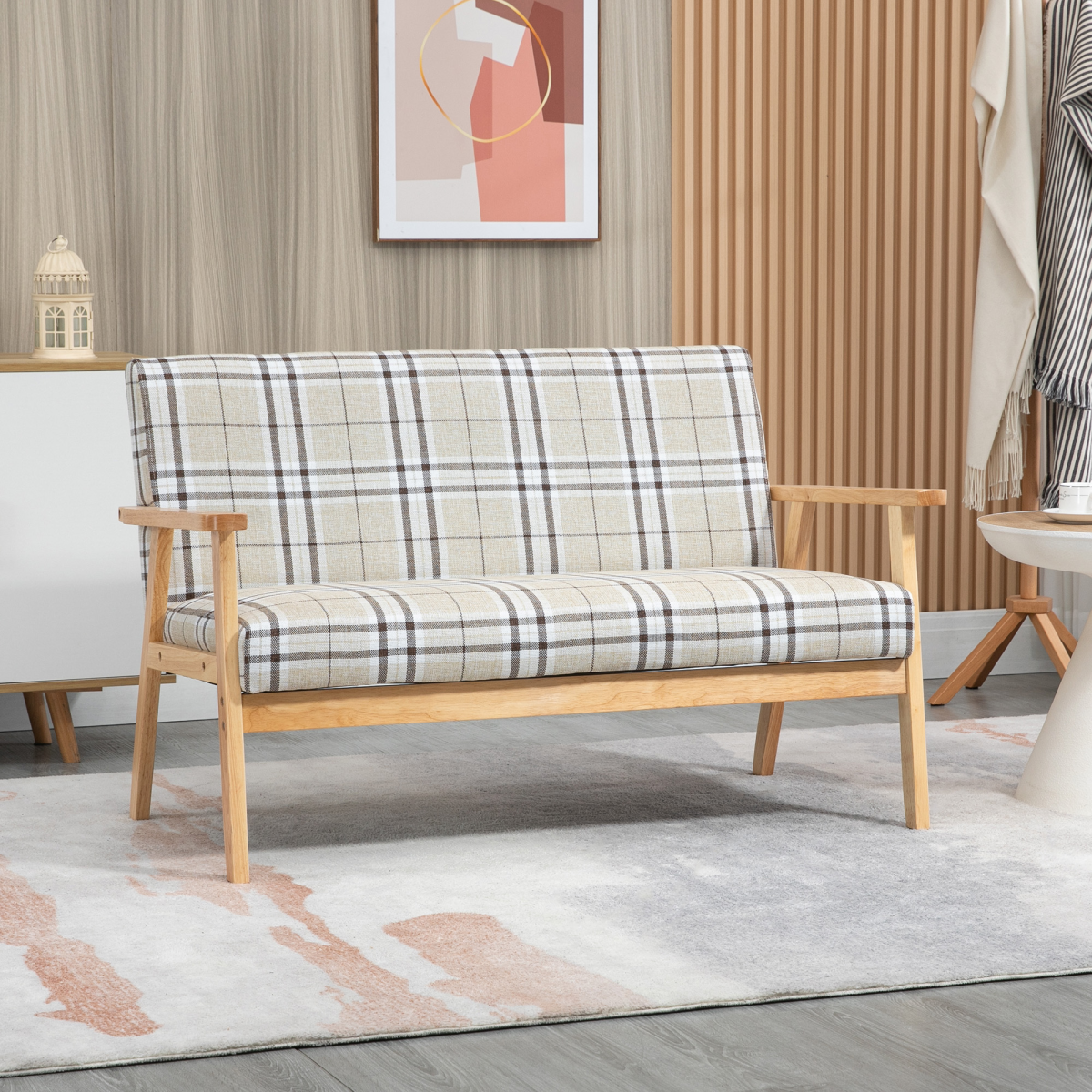 HOMCOM 2 Seater Linen-Look Loveseat Sofa with Rubber Wood Frame – Checked Design, Compact Small Sofa