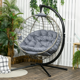 Outsunny PE Rattan Hanging Swing Chair with Stand, Padded Cushion & Cup Holder – Foldable Egg Chair, Grey
