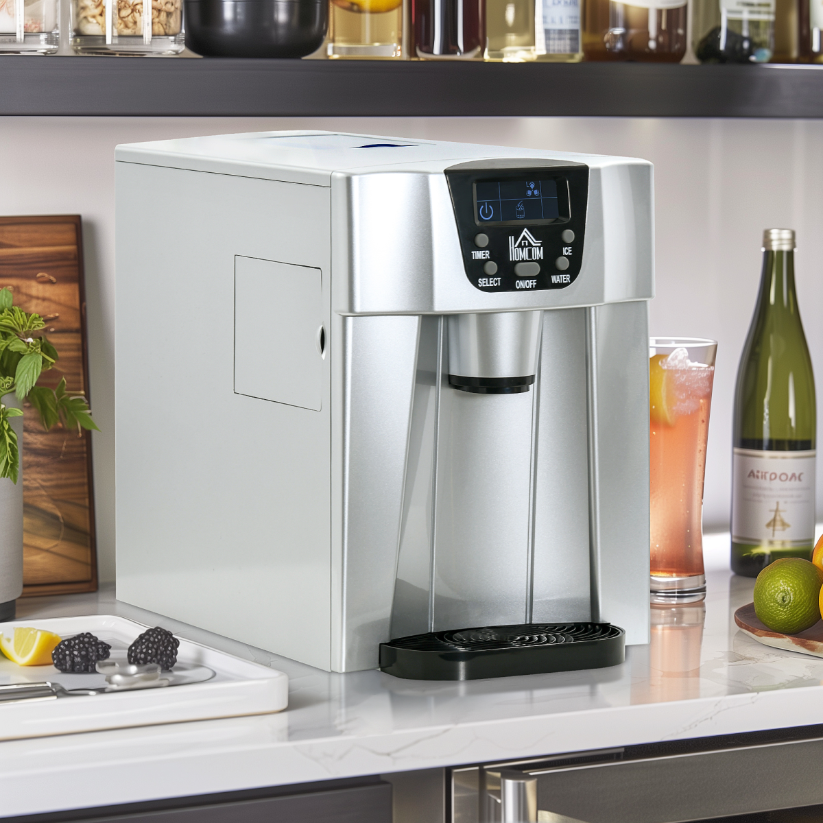 HOMCOM 2-in-1 Ice Maker & Water Dispenser, No Plumbing Required – Countertop Kitchen Appliance, Silver