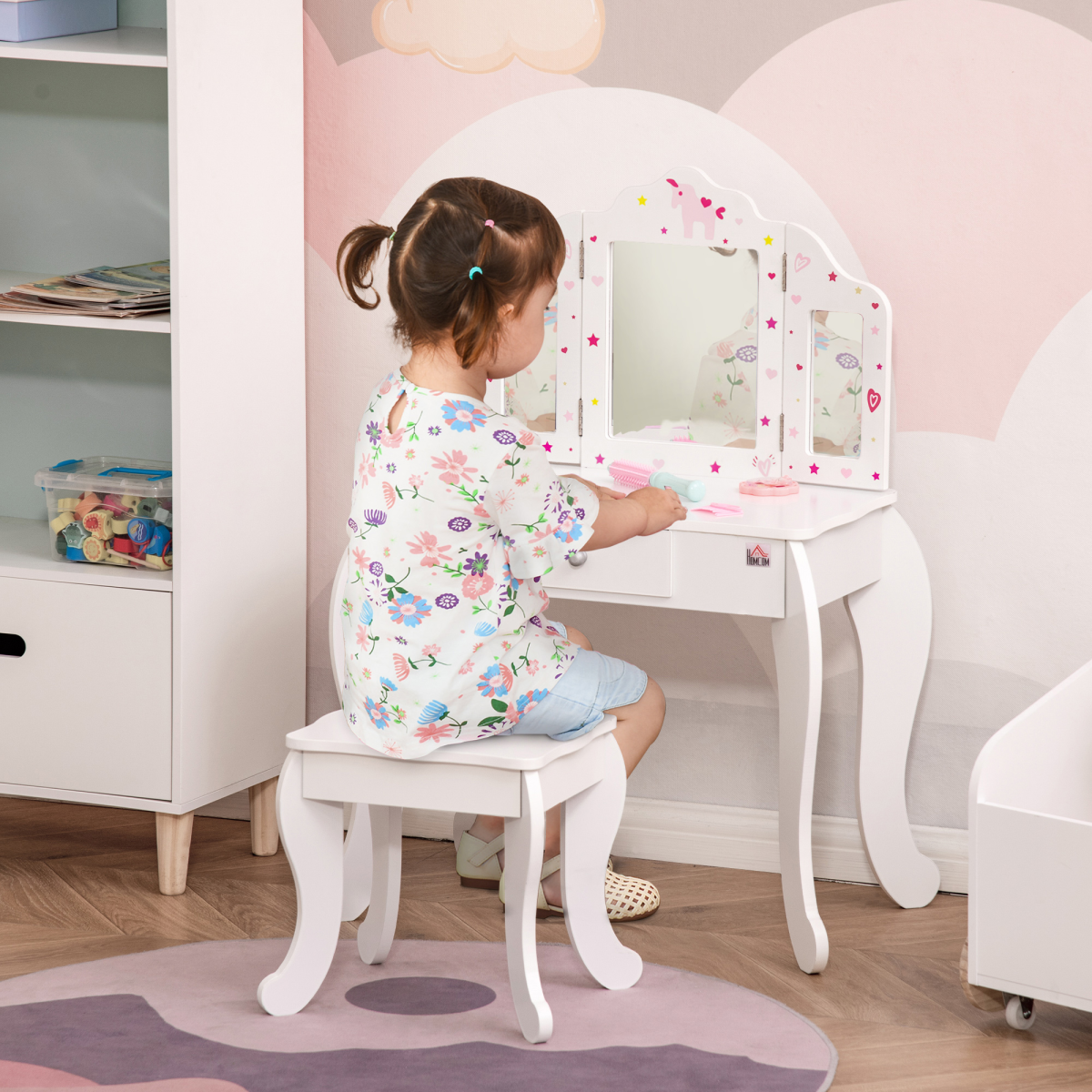 HOMCOM Kids Vanity Table and Stool Set with Rotatable Mirrors & Drawer – Girls' Dressing Table, Stars & Hearts