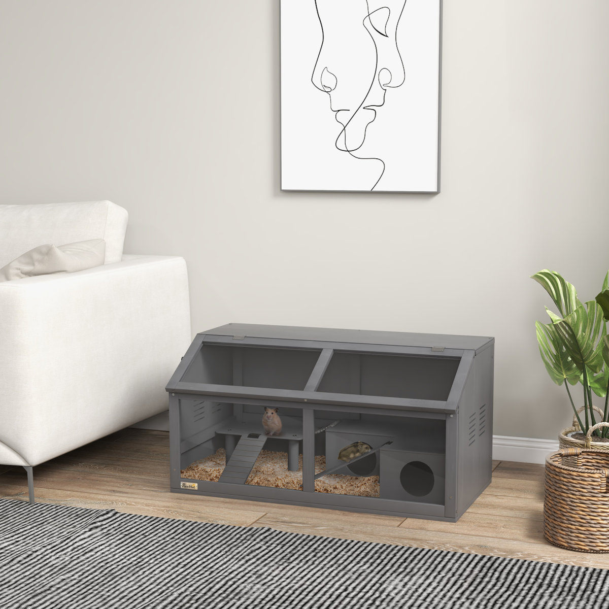 PawHut Wooden Hamster Cage with Suspension Bridge, Ladders, Hut and Openable Top – Small Pet Habitat, Grey