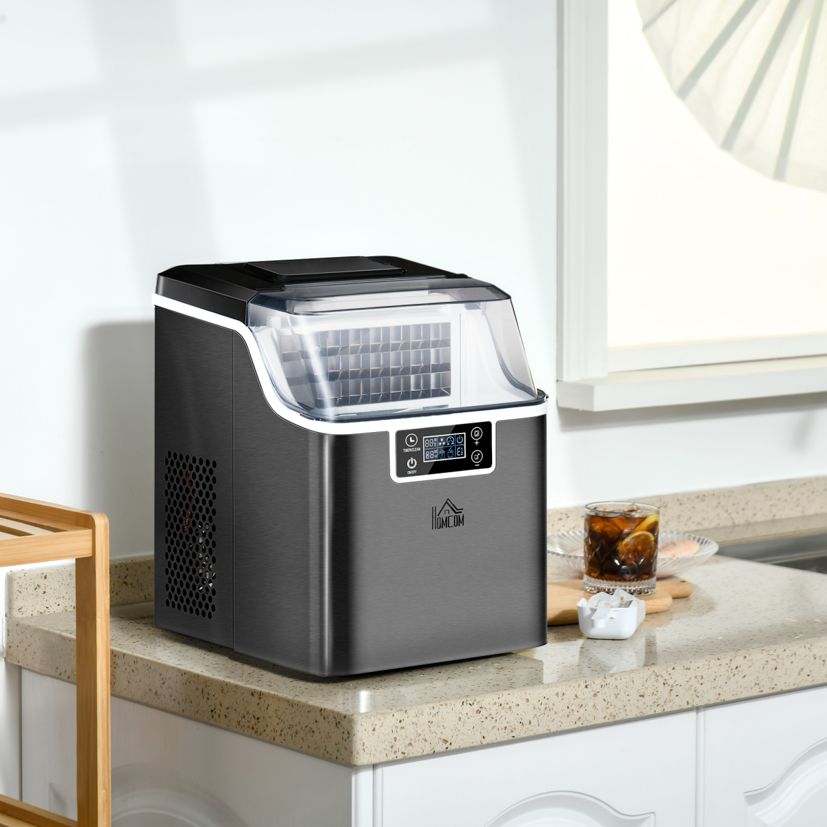 HOMCOM Countertop Ice Maker with Adjustable Cube Size, 20kg per Day – Compact Kitchen Appliance, Black