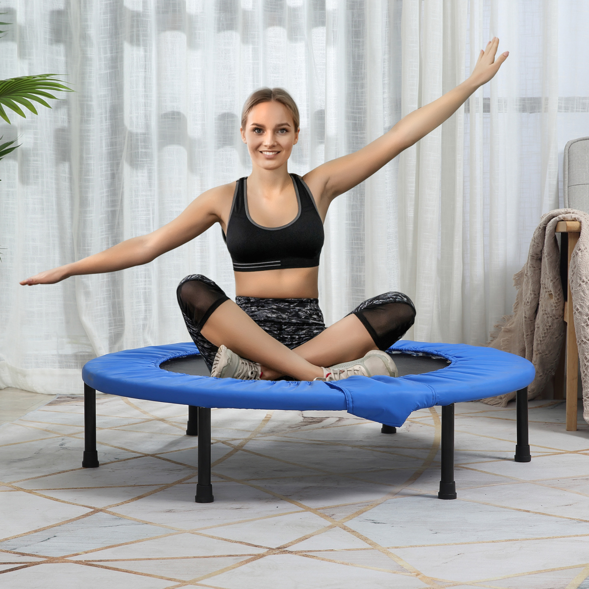 HOMCOM Foldable Mini Fitness Trampoline, 96cm with 32 Springs – Indoor & Outdoor Exercise Rebounder, Blue
