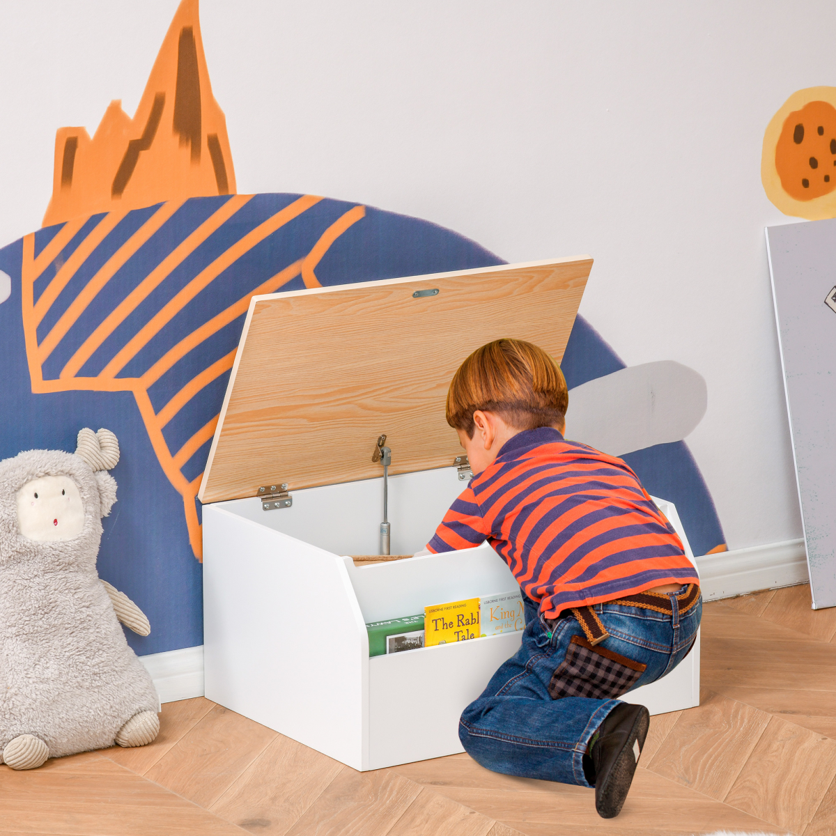HOMCOM Wooden Kids Toy Box with Book Slot and Gas Hinge Lid – Children's Storage Chest, White