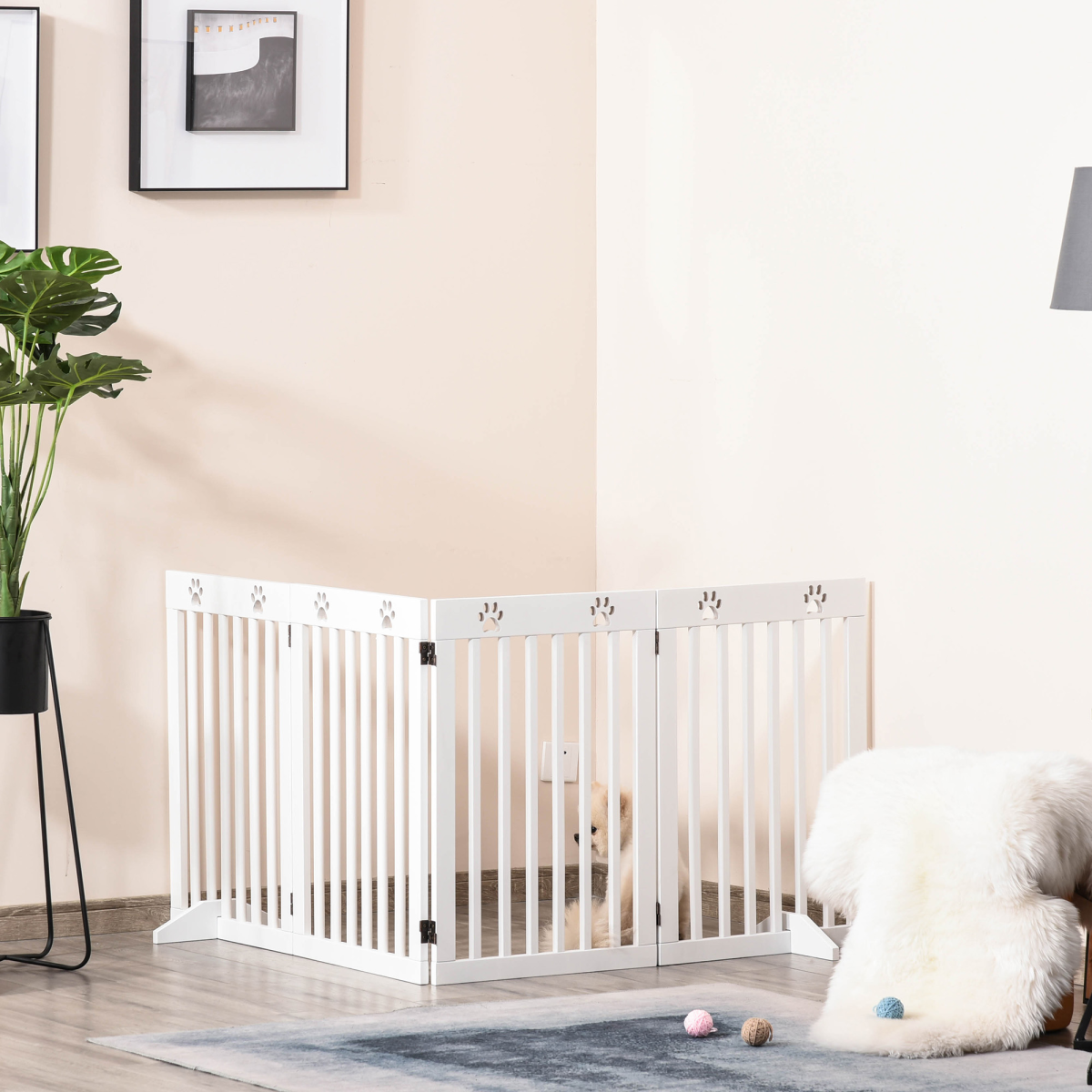 Pawhut Foldable Freestanding Dog Gate with Support Feet – MDF Pet Safety Barrier for Doorways & Stairs, White