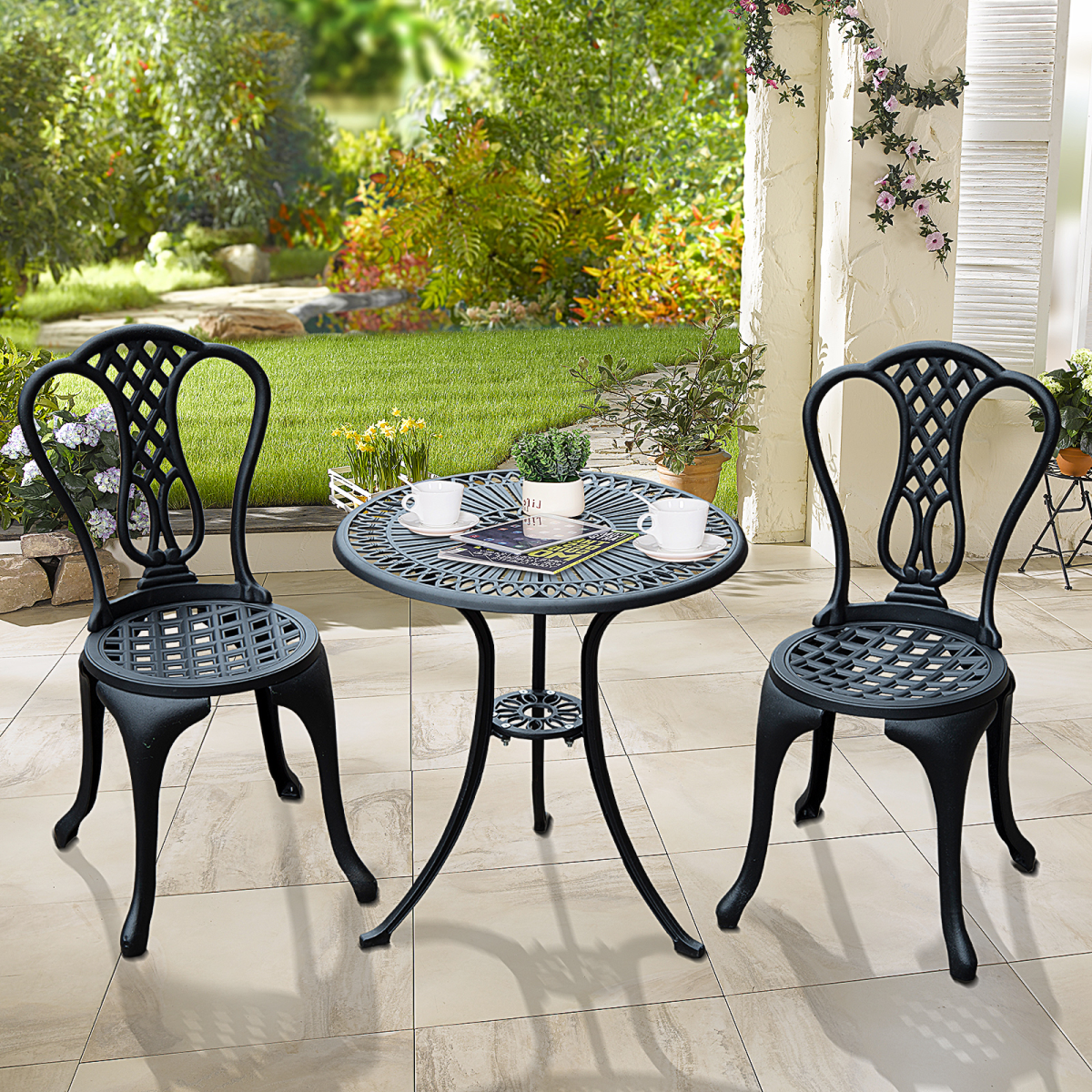 Outsunny 3-Piece Cast Aluminium Bistro Set with Parasol Hole – Garden Table & 2 Chairs for Patio