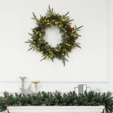 HOMCOM 60cm Christmas Wreath with 50 Warm White LED Lights, Pine Cones & Red Berries – Door Decoration, Green