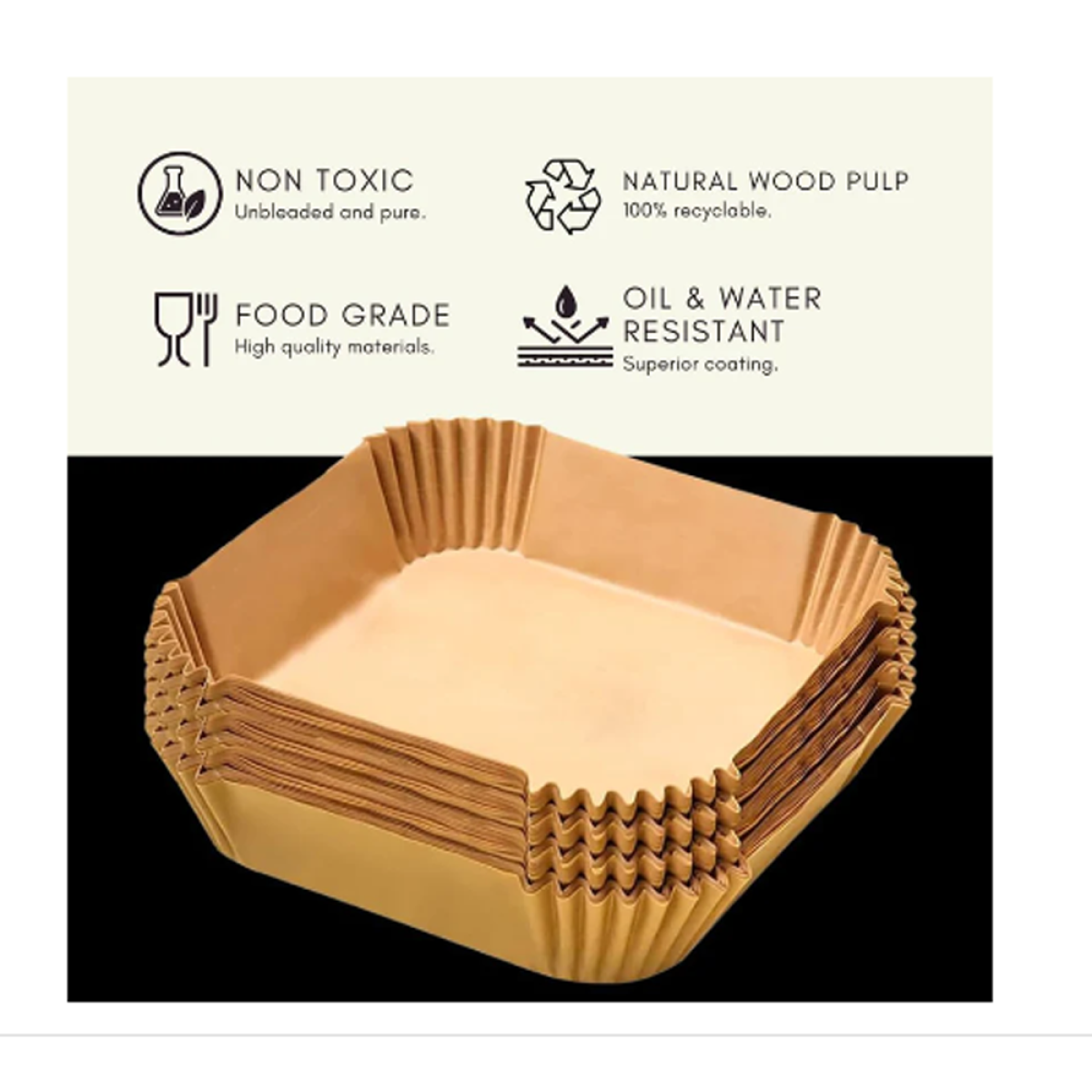 Domestic King Square Air Fryer Liners, 50 Pack – Disposable Greaseproof Parchment Paper, 7.9in, DK18087