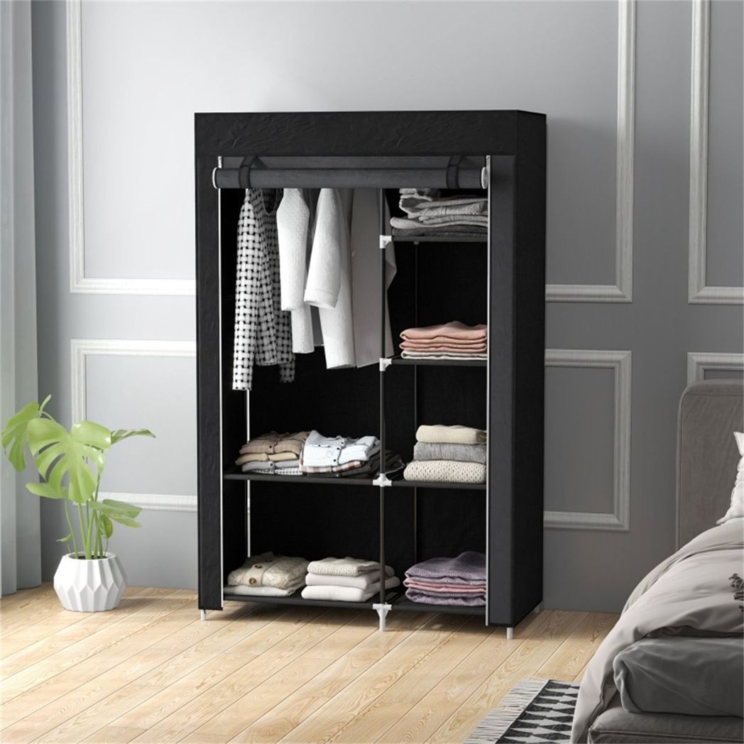 Chester Fabric Wardrobe with Hanging Rail, 6 Shelves and Roll-Up Door – Steel Frame Clothes Storage, Black