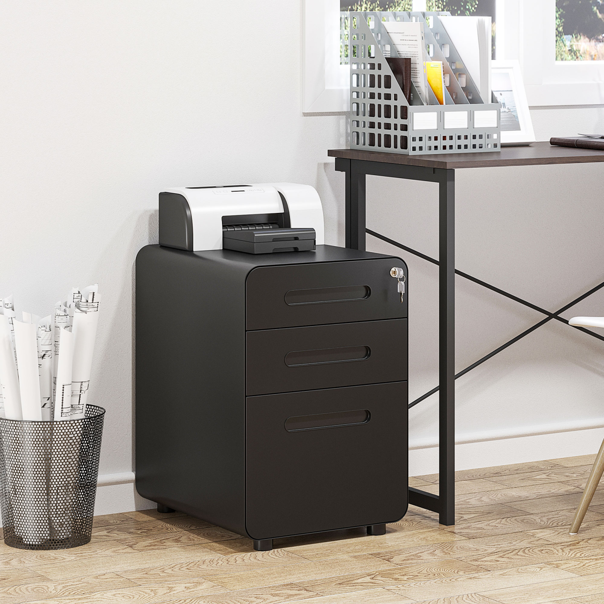 Vinsetto 3-Drawer Steel Filing Cabinet with 4 Wheels, Lockable – Under-Desk Office Storage, Black