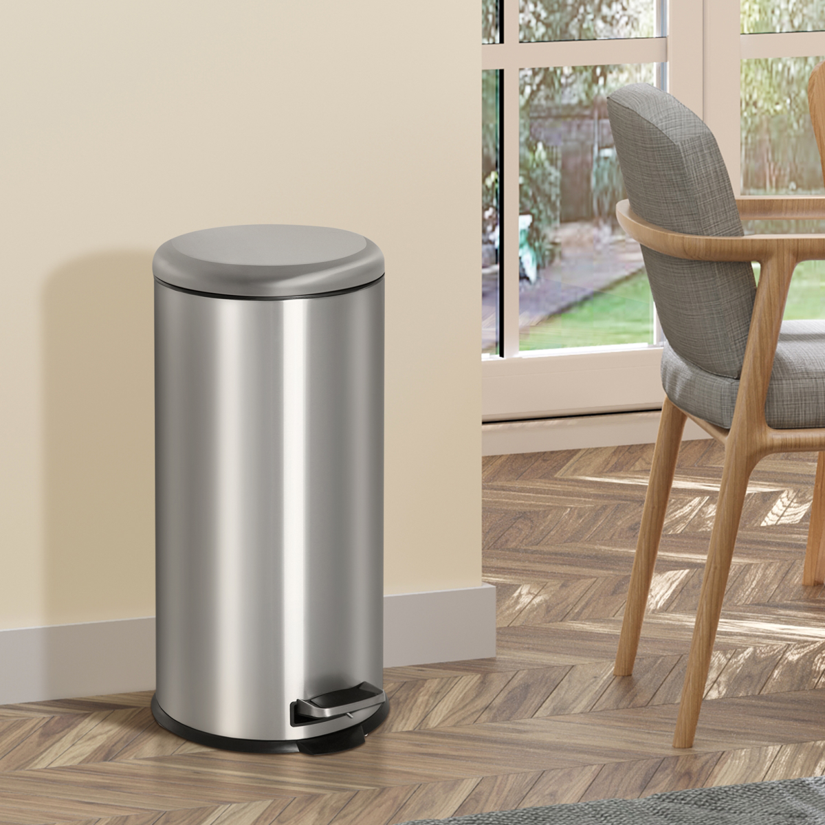 HOMCOM 30L Stainless Steel Pedal Bin with Removable Inner Bucket – Hands-Free Kitchen Waste Bin, Black & Silver