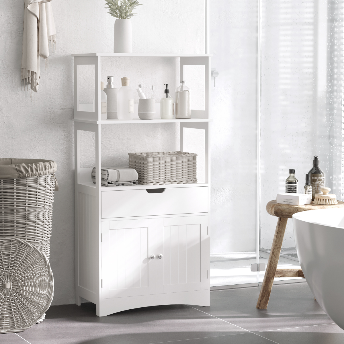 kleankin Bathroom Floor Storage Cabinet with Drawer, Shelves & Cupboard – Freestanding Storage