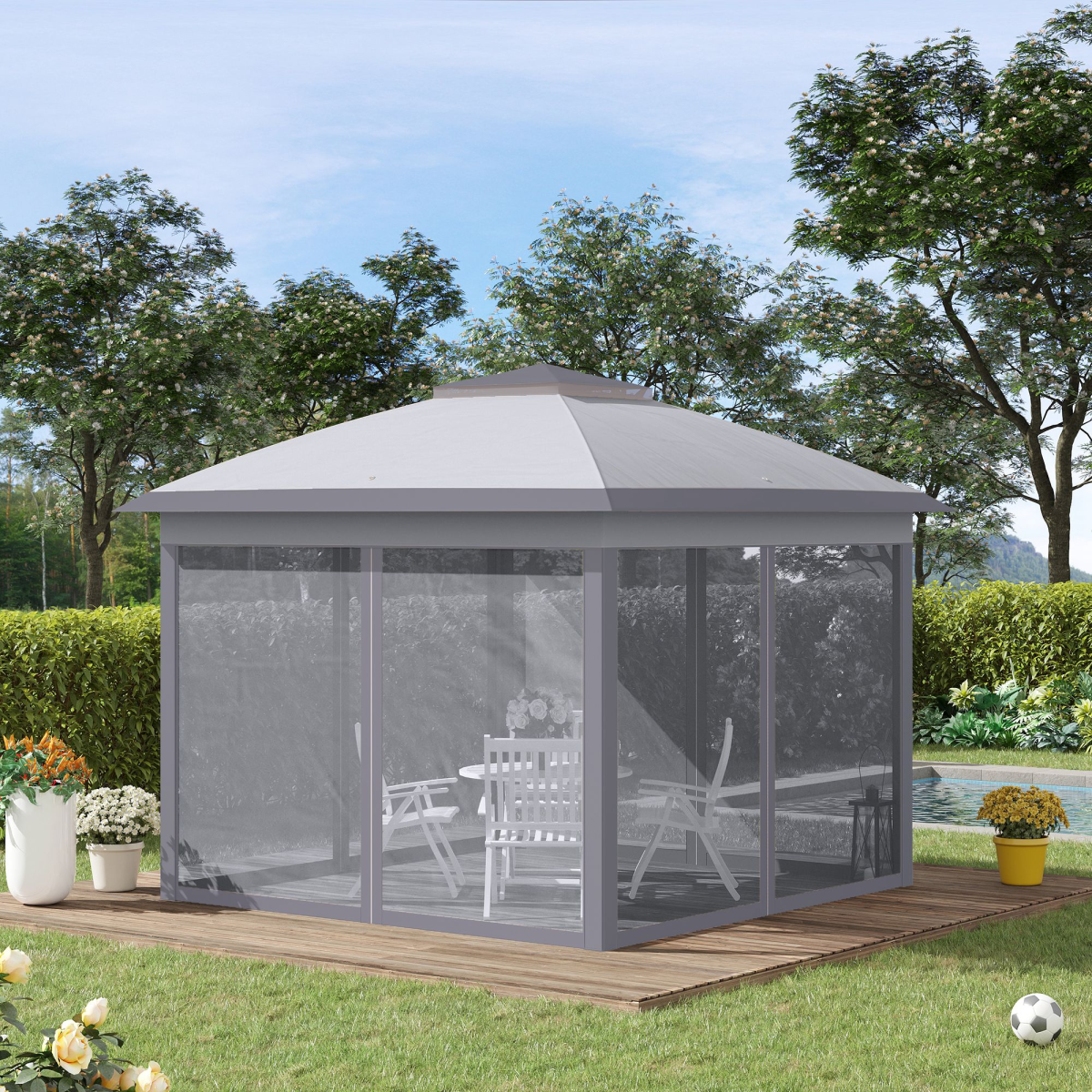 Outsunny Pop Up Gazebo with Two-Tier Roof, Mesh Sidewalls & Carrying Bag – Height Adjustable Canopy Tent, Grey