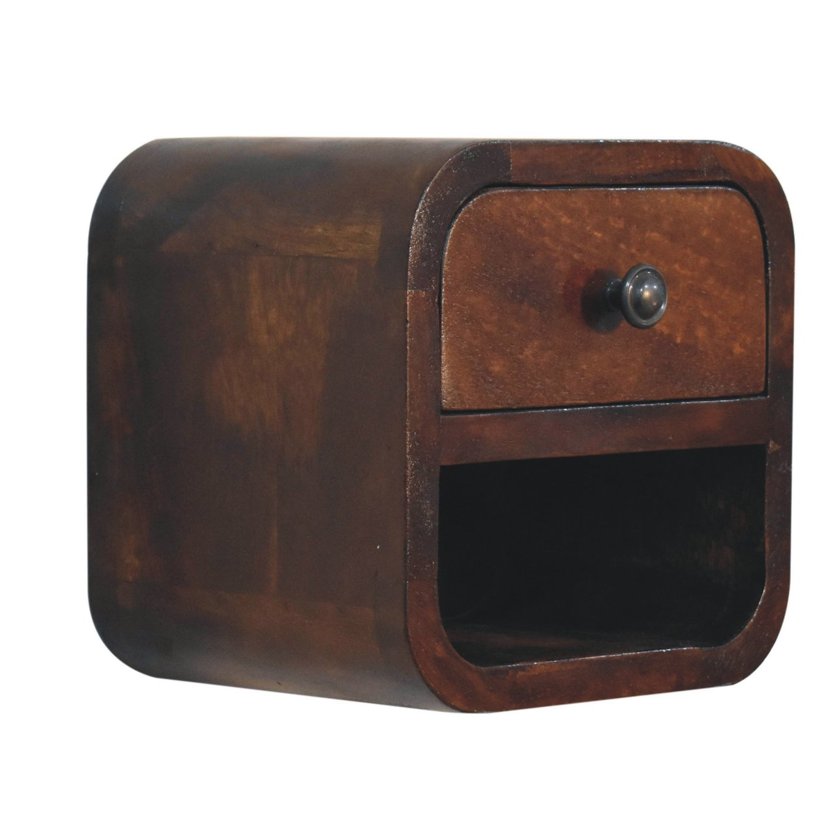 Artisan Furniture Extra Mini Curved Bedside Table with Drawer & Open Slot – Solid Mango Wood, Chestnut, Brown