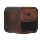 Artisan Furniture Extra Mini Curved Bedside Table with Drawer & Open Slot – Solid Mango Wood, Chestnut, Brown