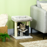 PawHut Small Cat Tree Tower with Sisal Scratching Posts, Bed, Perch, Self-Groomer and Toy – Grey