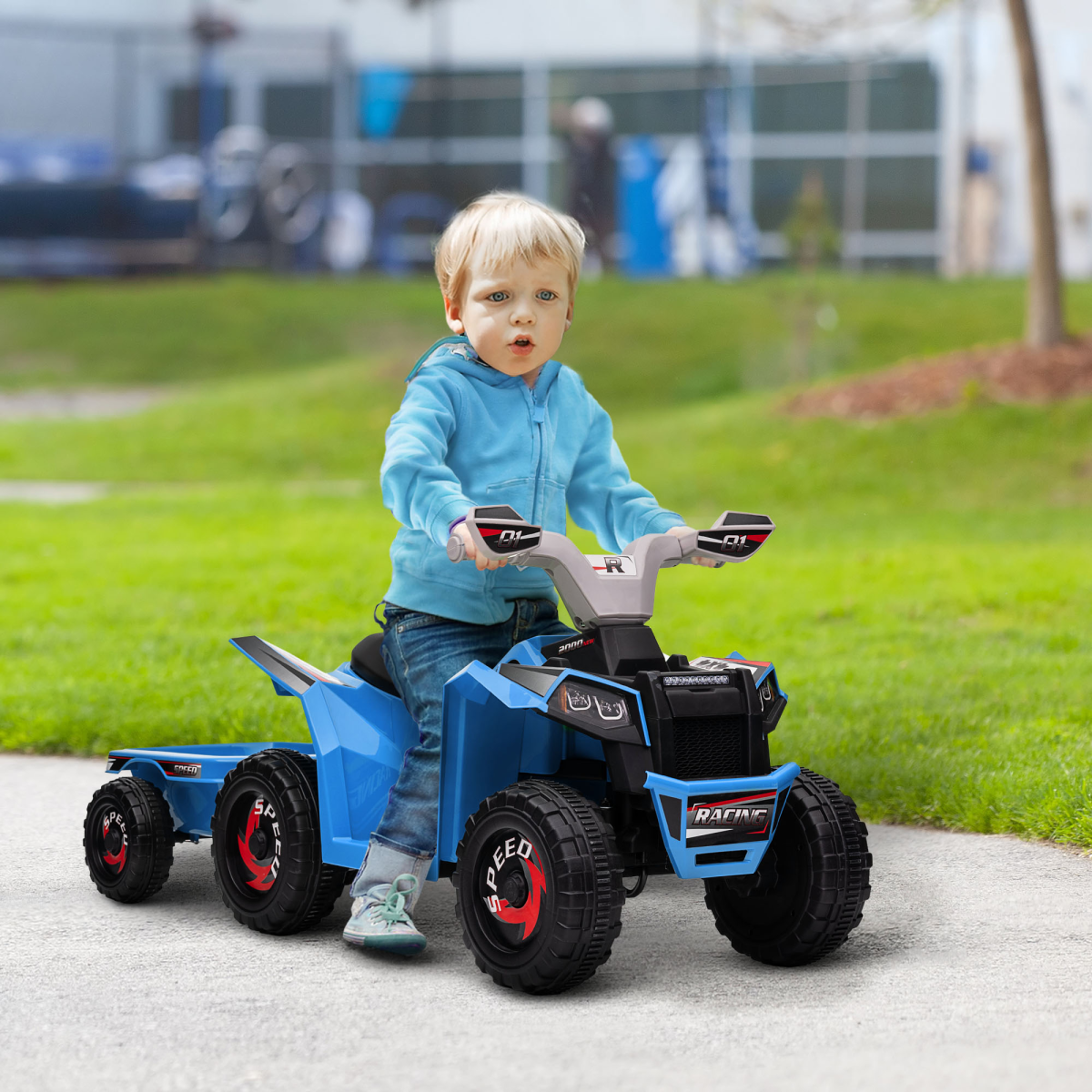 HOMCOM 6V Kids Electric Quad Bike with Back Trailer – Ride-On ATV for 18-36 Months, Pedal Drive, Blue