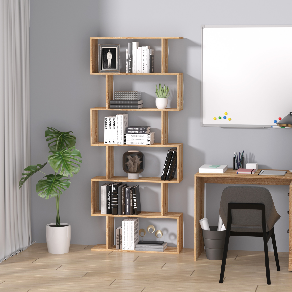 6-Tier Modern S-Shaped Wooden Shelf Storage Unit – Bookcase & Display Cabinet for Home Office, Oak Colour