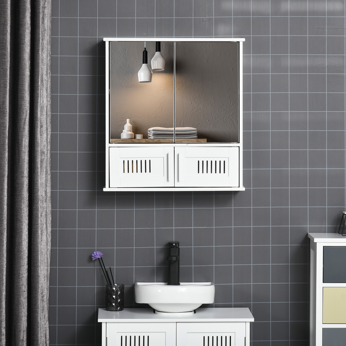 kleankin Wall-Mounted Bathroom Mirror Cabinet with Double Doors and Adjustable Shelf – Storage Cupboard, White