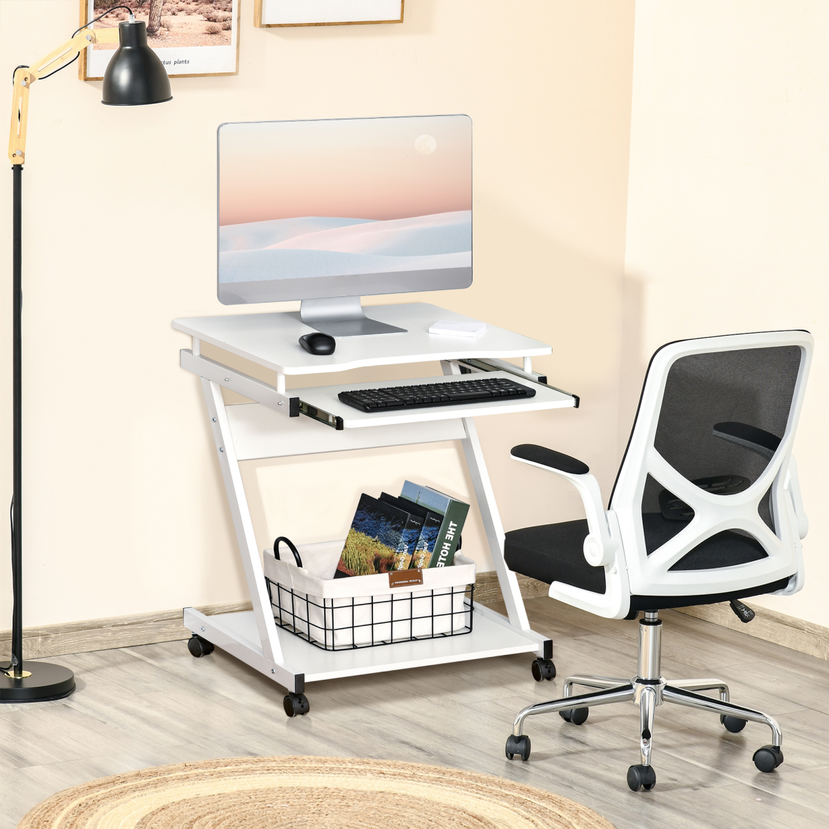 HOMCOM Computer Desk with 4 Lockable Wheels and Sliding Keyboard Tray – Mobile Home Office Workstation, White
