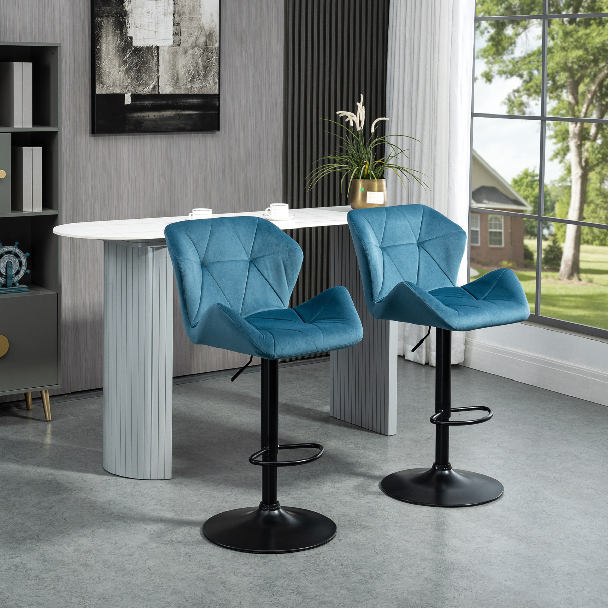 HOMCOM Set of 2 Velvet-Touch Bar Stools with Wing-Shape Seats & Metal Footrest – Kitchen Island Seating, Blue