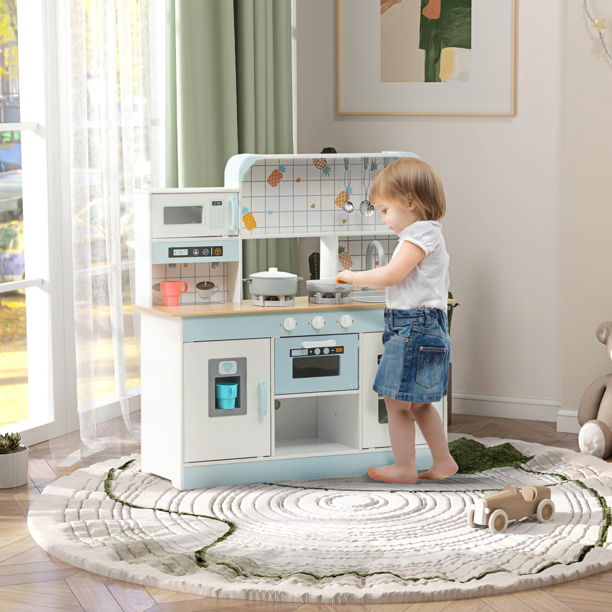 AIYAPLAY Toy Kitchen with Lights & Sounds, Coffee Machine & Ice Maker – Kids Role Play Set, White & Blue