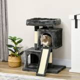 PawHut Cat Activity Tree with 2 Houses, Cushioned Perch and Sisal Scratching Posts – Indoor Cat Tower, Black