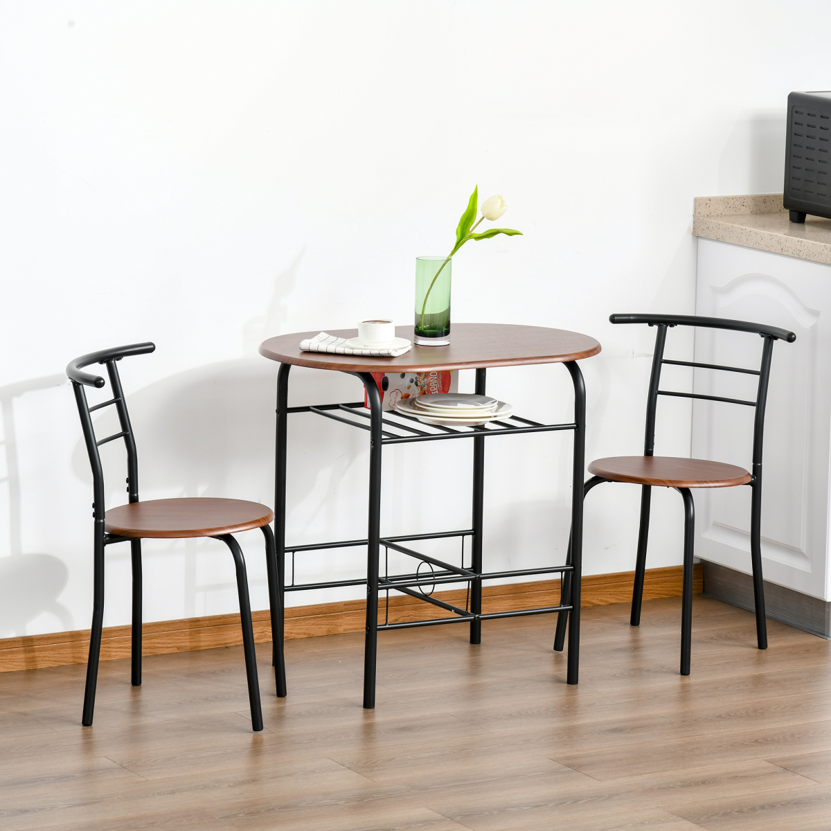 HOMCOM 2-Seater Bar Table and Stool Set with Bottle Storage Shelf – Compact Breakfast Bar, Wood Tone