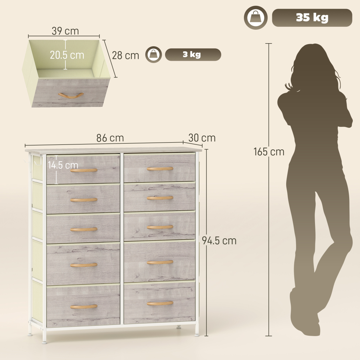 10-Drawer Fabric Chest of Drawers with Side Pockets & Hooks, Steel Frame, 86 x 30 x 94.5 cm – Natural Wood & White