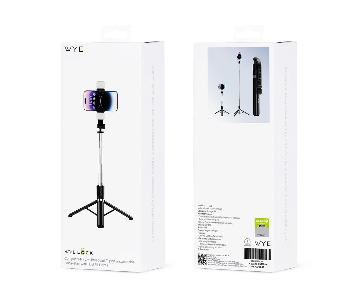 WyeLock Extendable Selfie Stick Tripod with Dual Fill Lights and Wireless Remote – Black