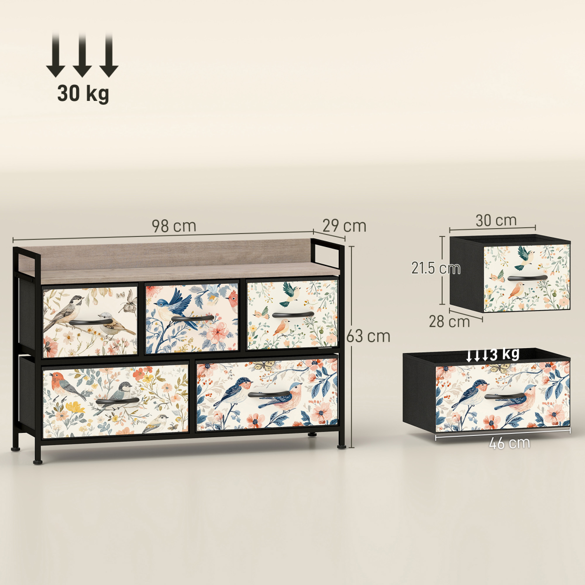 5-Drawer Fabric Chest of Drawers with Steel Frame & Wood-Effect Top – Foldable Drawer Storage Unit, White