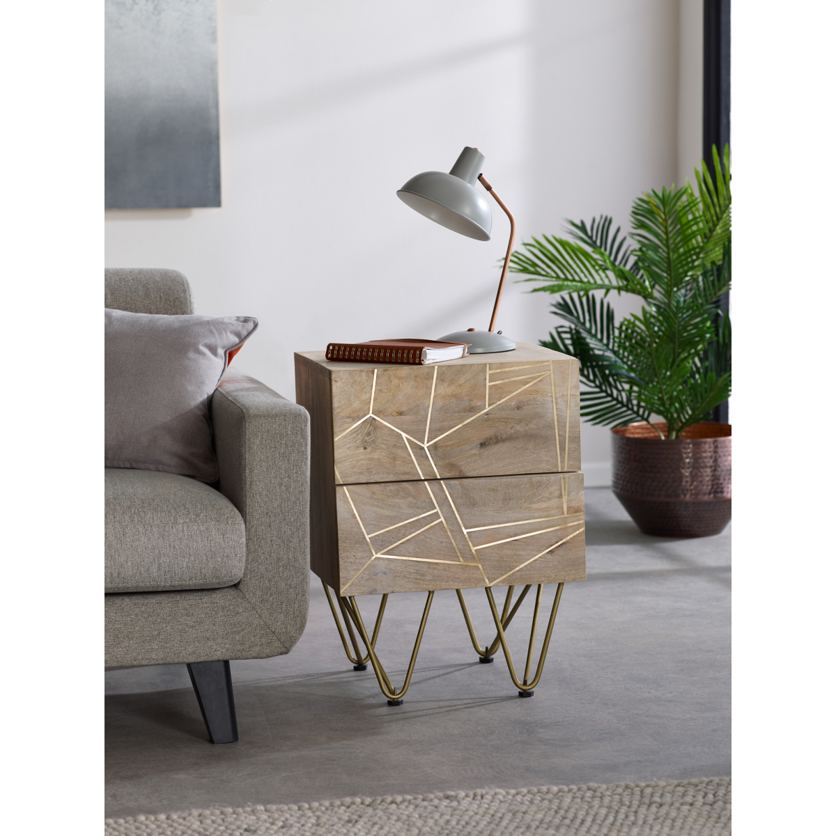 Light Gold Metal Inlay 2-Drawer Side Table in Solid Wood – Retro Angled Legs, Lamp & Bedside Table
