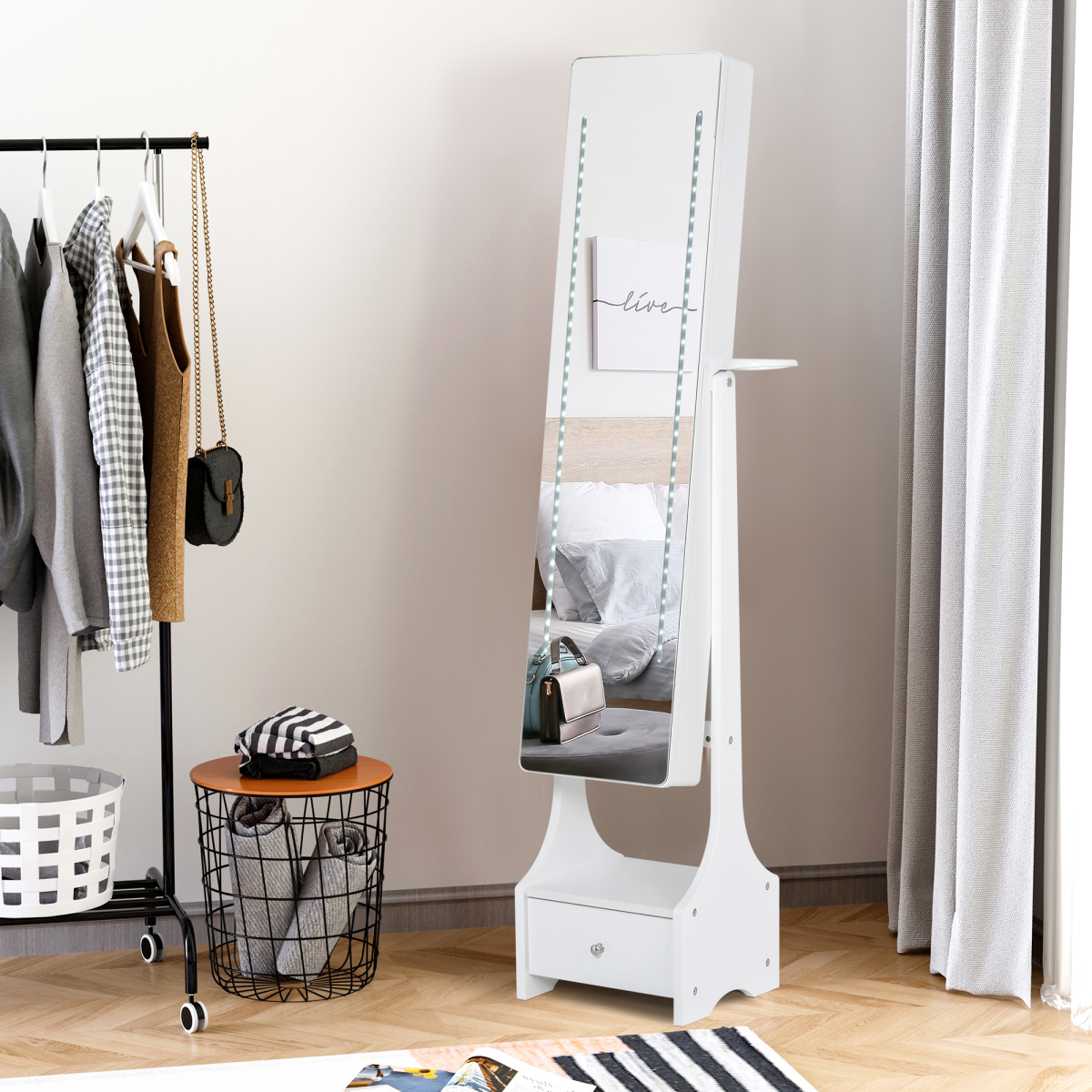 Freestanding LED Mirror Jewellery Armoire with Drawer & Hairdryer Holder – Full Length Mirror