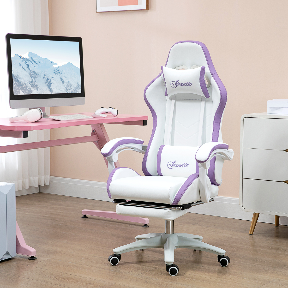 Vinsetto Racing Gaming Chair with Recline & Footrest – Headrest and Lumbar Cushions, White & Purple
