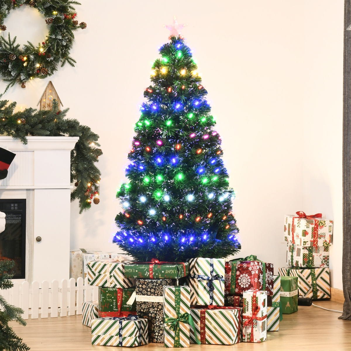 HOMCOM 5ft Pre-Lit Artificial Christmas Tree with 170 Multicoloured Lights, Star Topper & Folding Metal Base