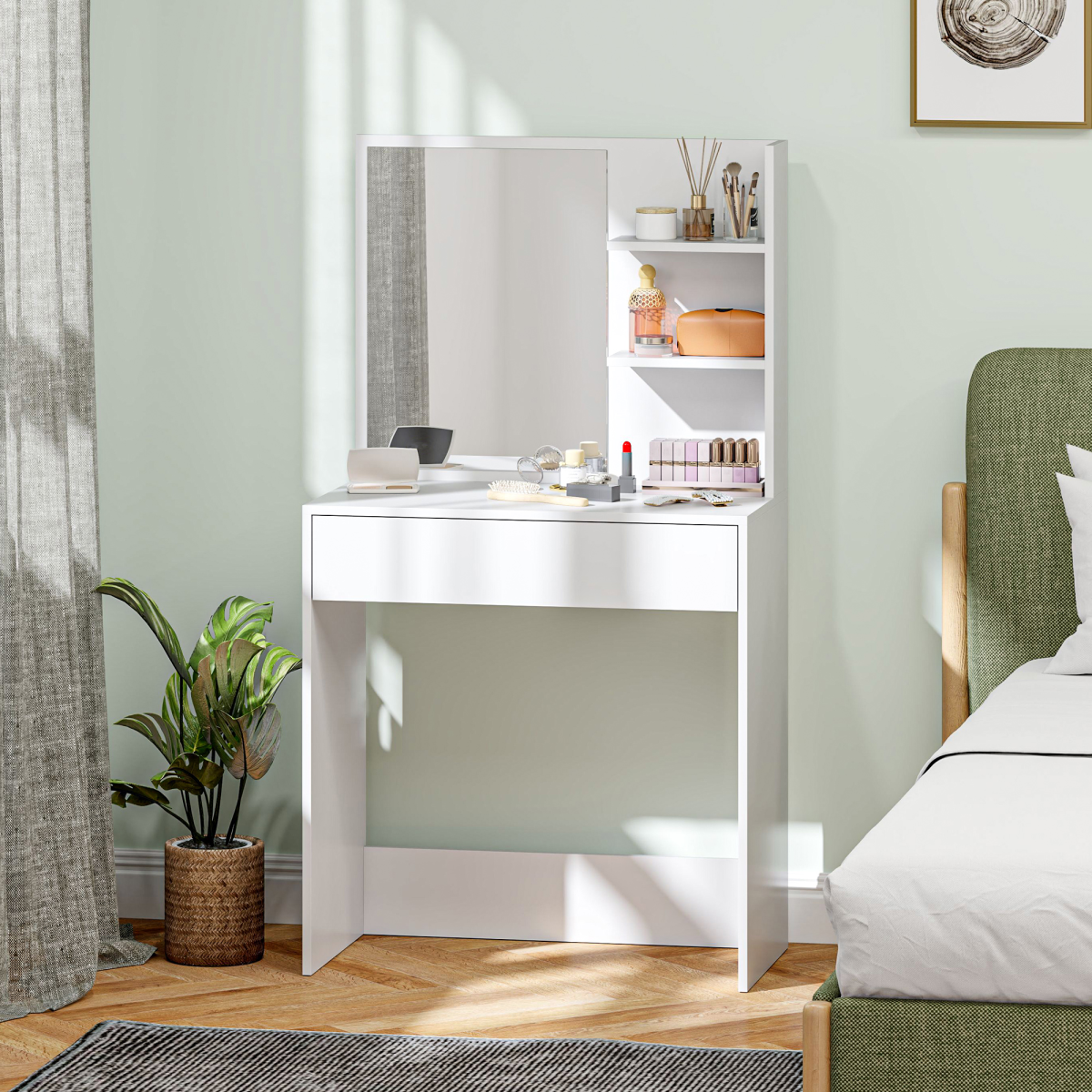 HOMCOM Modern Dressing Table with Large Mirror, Drawer & 3-Tier Open Shelves – Bedroom Vanity, White