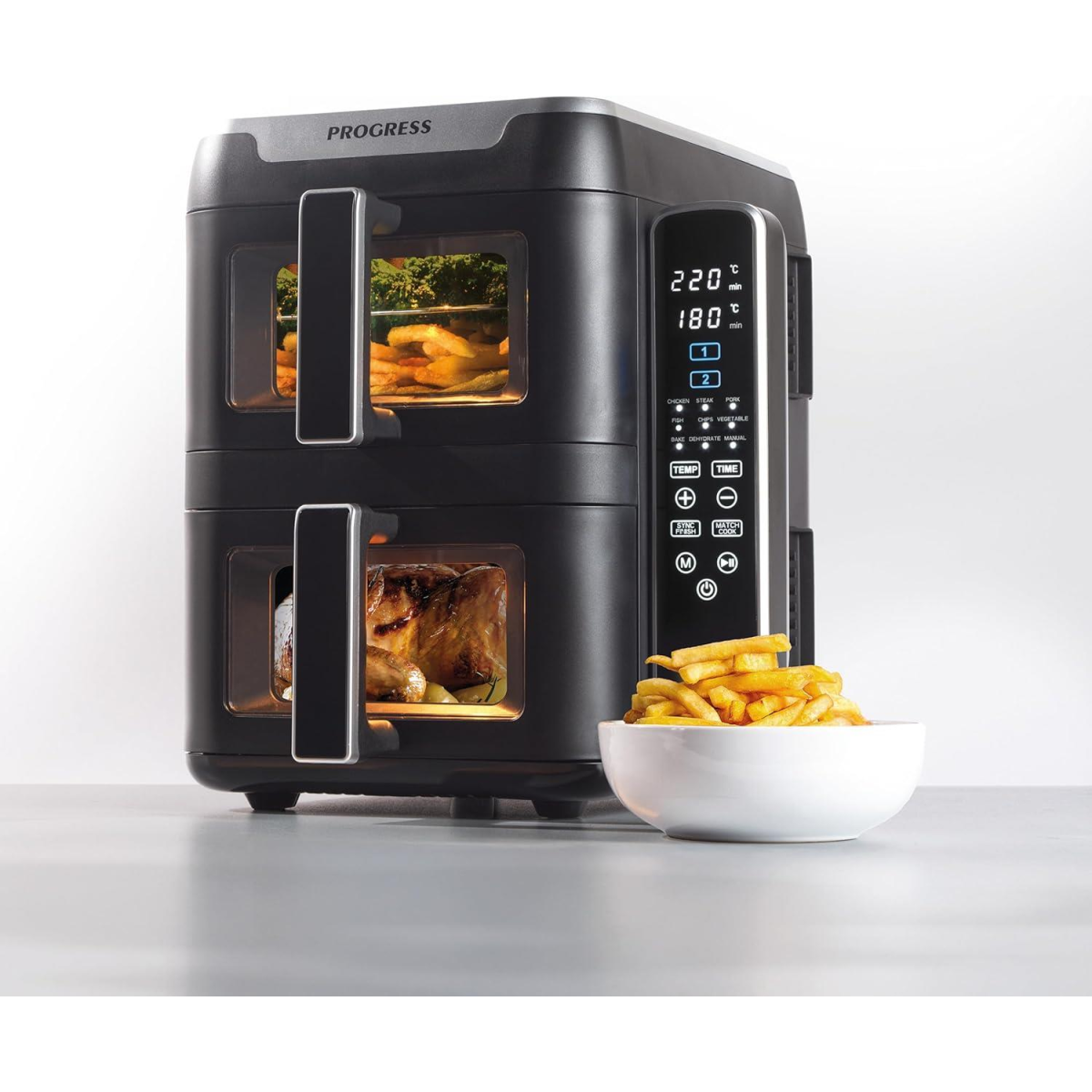 Progress Dual Tier 9L Air Fryer, 2400W – Two-Layer Family Cooking in a Compact Footprint