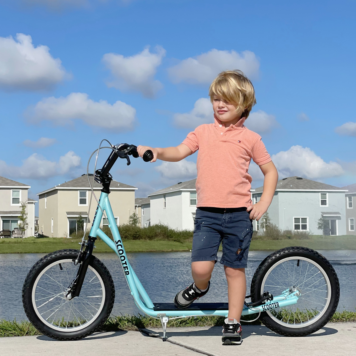 HOMCOM Kids Kick Scooter with Inflatable Wheels & Rear Brake – Adjustable 90–96cm Handlebar, Blue
