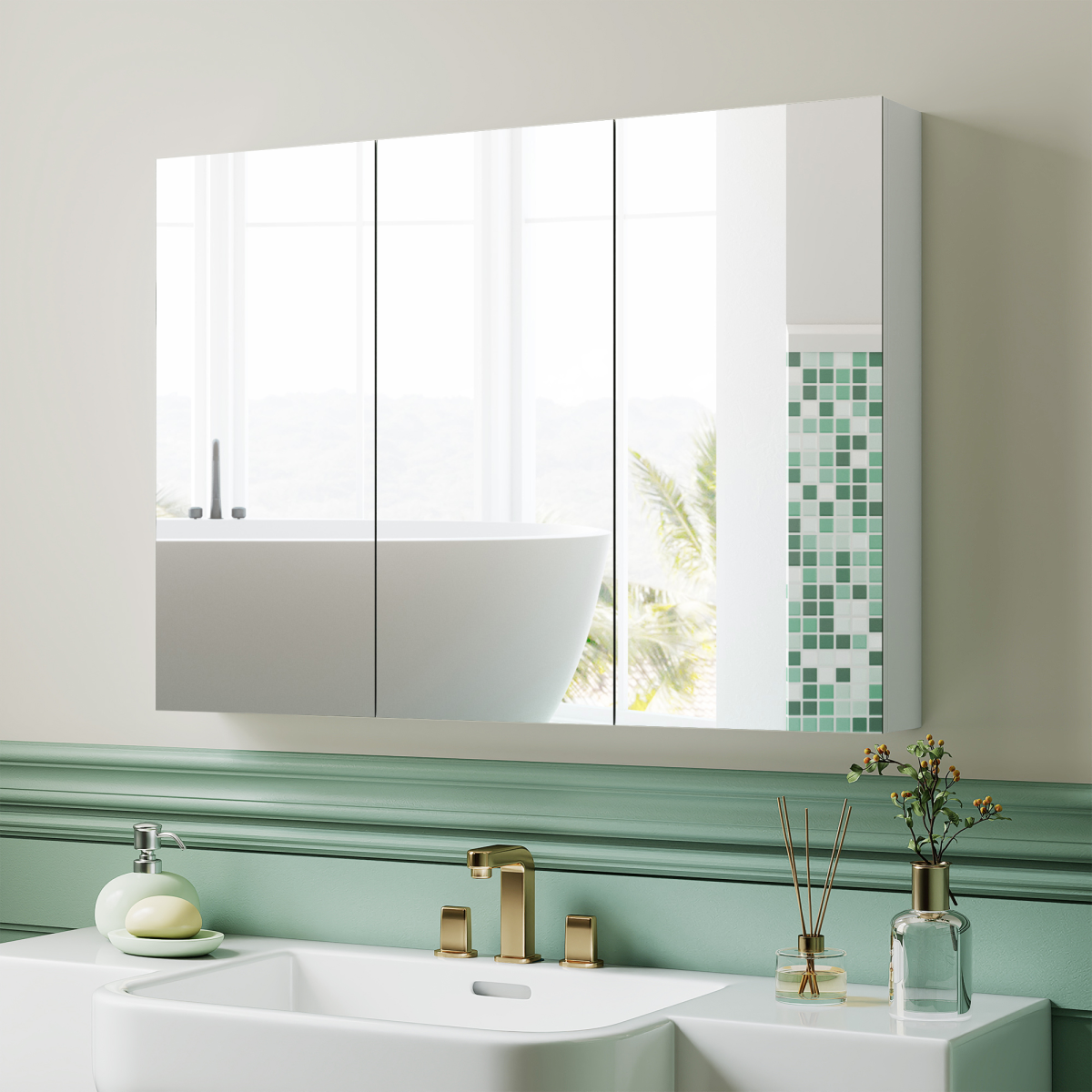 HOMCOM Wall-Mounted Bathroom Mirror Cabinet with 3 Mirrored Doors & 4 Adjustable Shelves – Storage, White