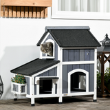 PawHut Wooden Outdoor Cat House with Flower Pot, Windows & Multiple Entrances – 2-Tier Weather-Resistant Shelter